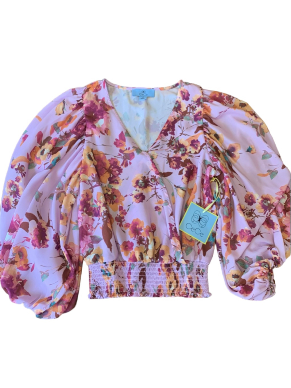 CeCe NWT Top XS Pink and Yellow Floral V-neck Balloon Sleeves Elastic Waist